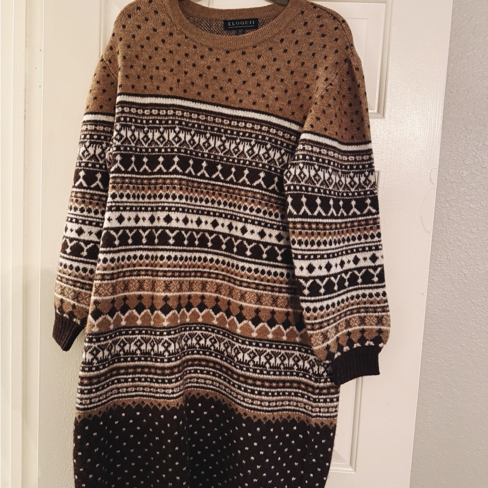 Eloquii Tan and Cream Patterned Sweater Dress